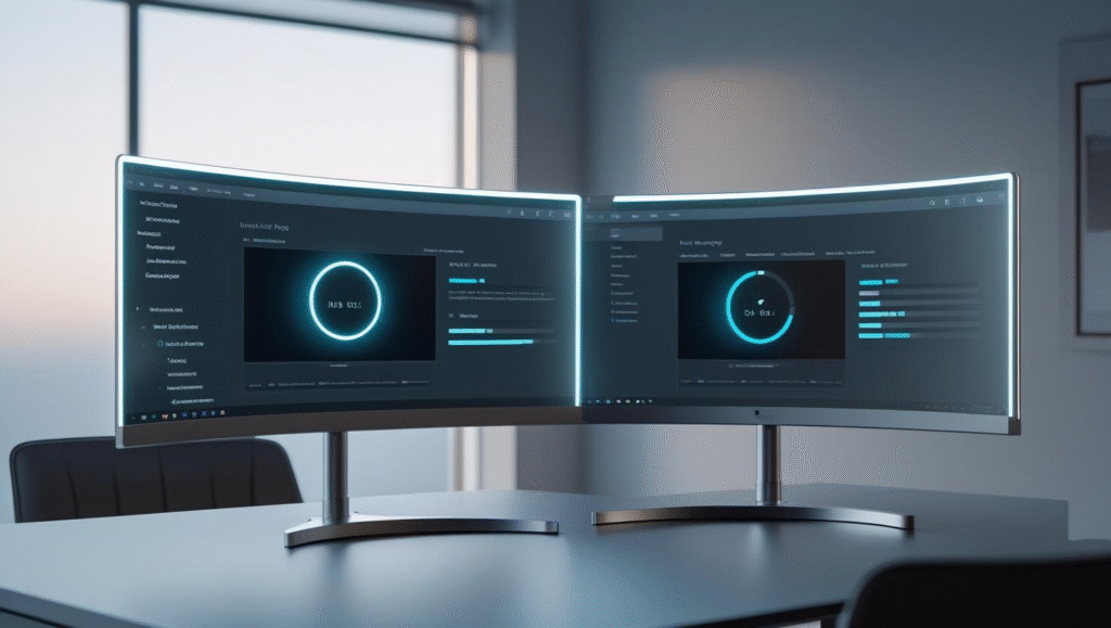 Ultra-Wide Curved Monitors with Eye-Care Tech: Elevate Your Workspace An ultra-wide curved monitor with a sleek, modern design on a minimalist desk setup, featuring built-in eye-care technology and immersive screen space.