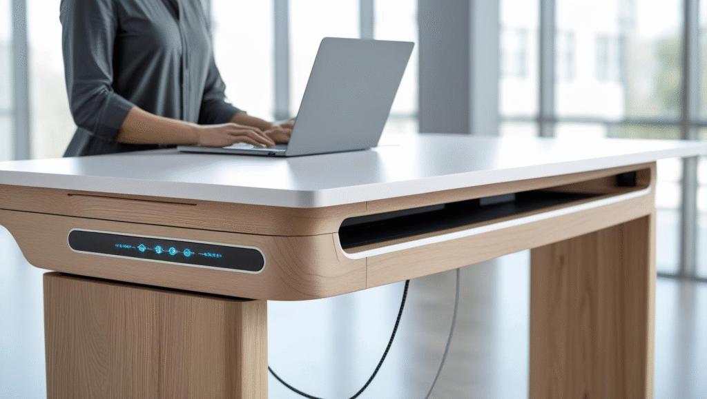 Smart Standing Desks with AI Posture Correction: The Future of Healthy Workspaces A sleek smart standing desk equipped with a large monitor, minimalist accessories, and an integrated AI system for posture correction, set in a bright, modern home office.