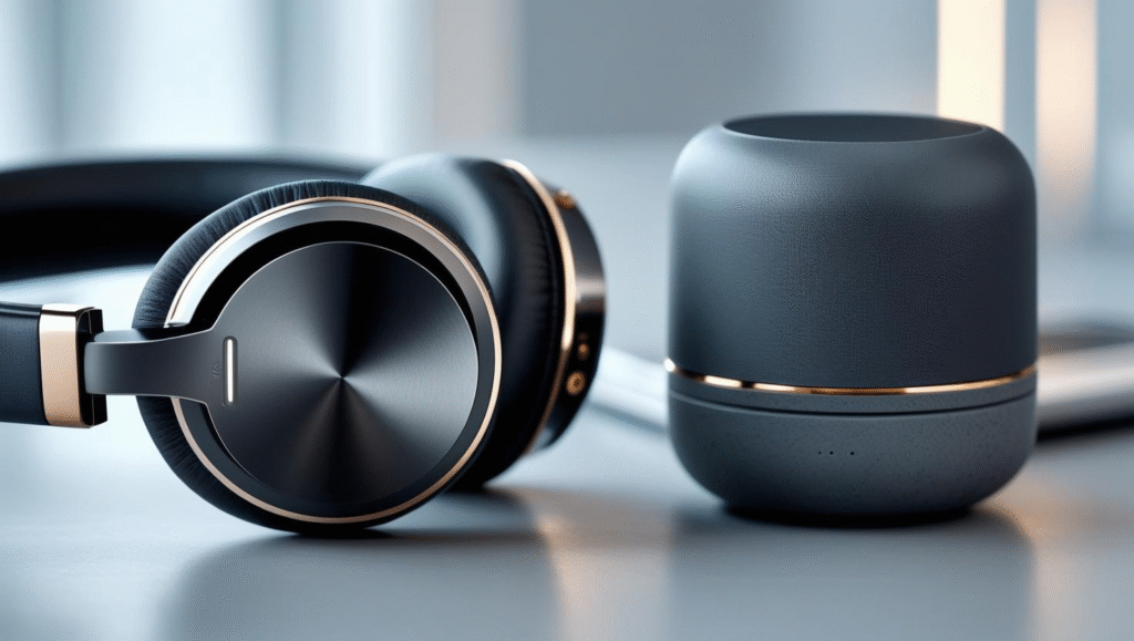 Noise-Cancelling Smart Speakers and Headphones: Create Your Perfect Focus Zone A pair of sleek noise-cancelling headphones and a minimalist smart speaker on a modern desk, creating a calm and distraction-free work environment.
