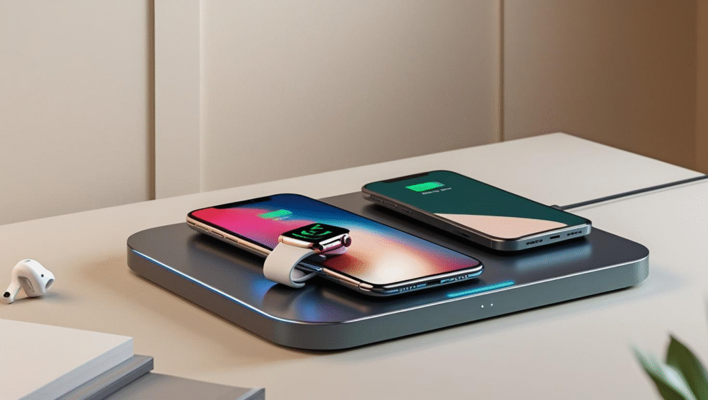 Wireless Charging Stations with Multi-Device Support: Simplify Your Setup A modern wireless charging station neatly charging a smartphone, smartwatch, and wireless earbuds on a minimalist desk set