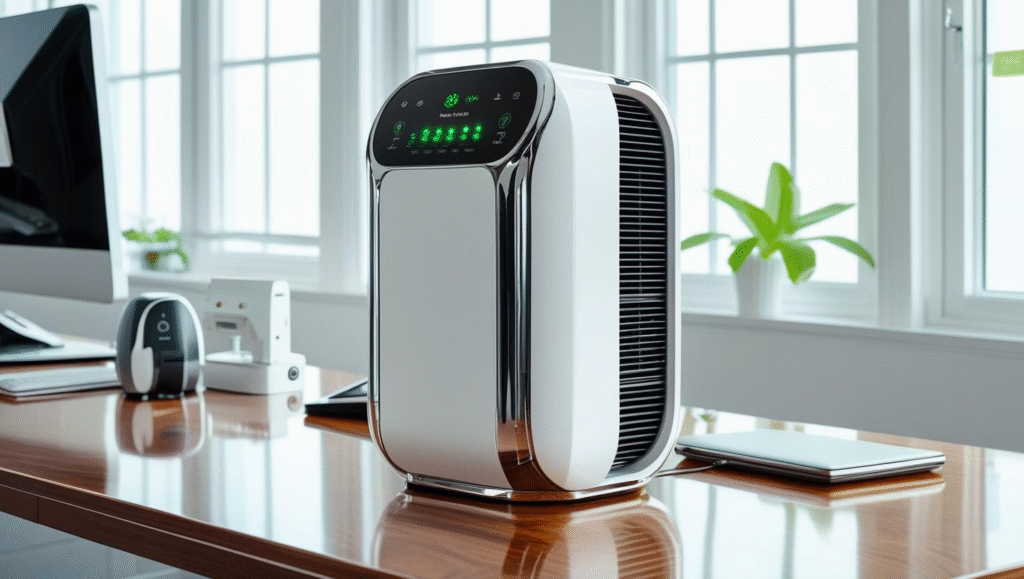 Smart Air Purifiers: Breathe Easier in Your Workspace A sleek, modern smart air purifier operating in a bright, minimalist home office, symbolizing clean air and a healthier work environment