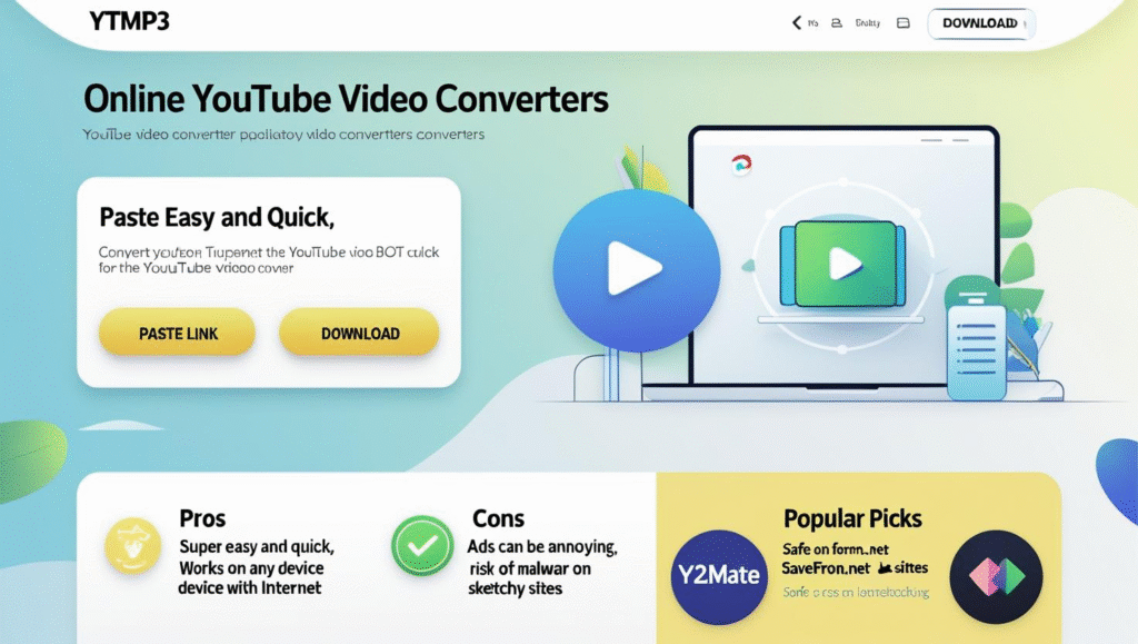 Illustration showing online YouTube converters with a laptop and download icons representing fast and easy video conversion to MP3 and MP4 formats.