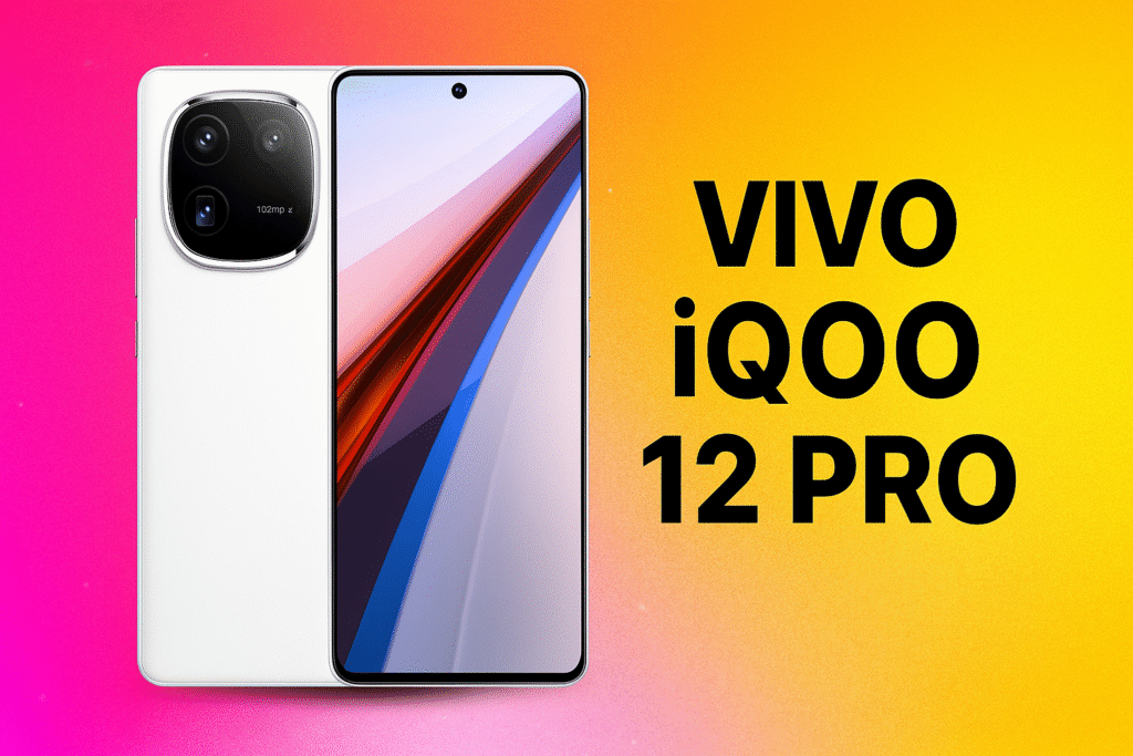 Vivo iQOO 12 Pro smartphone displayed on a vivid, modern background with its name prominently featured.