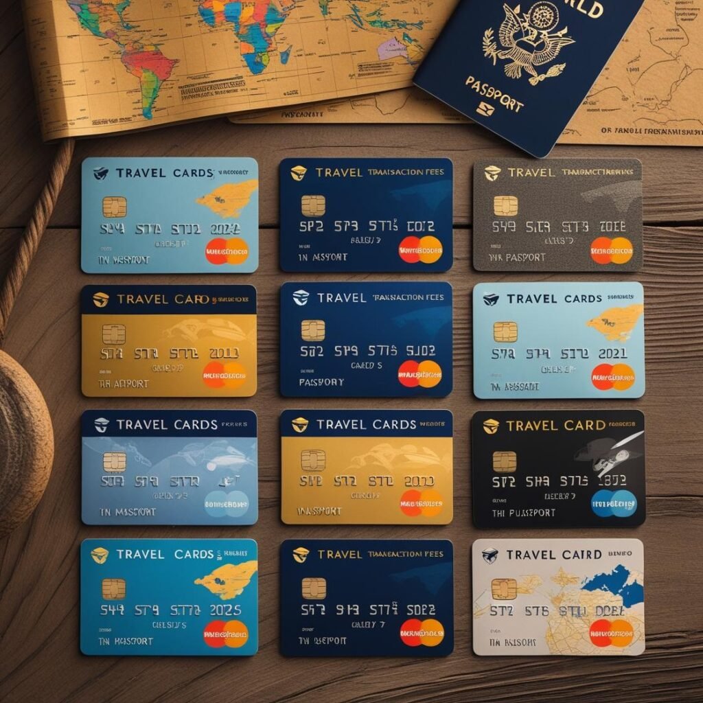 A traveler holding a sleek credit card with a passport and boarding pass, set against a bright airport backdrop symbolizing global travel.