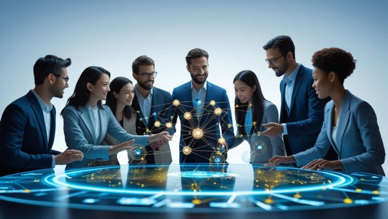 Illustration of machine learning technology transforming various industries with data and intelligent systems