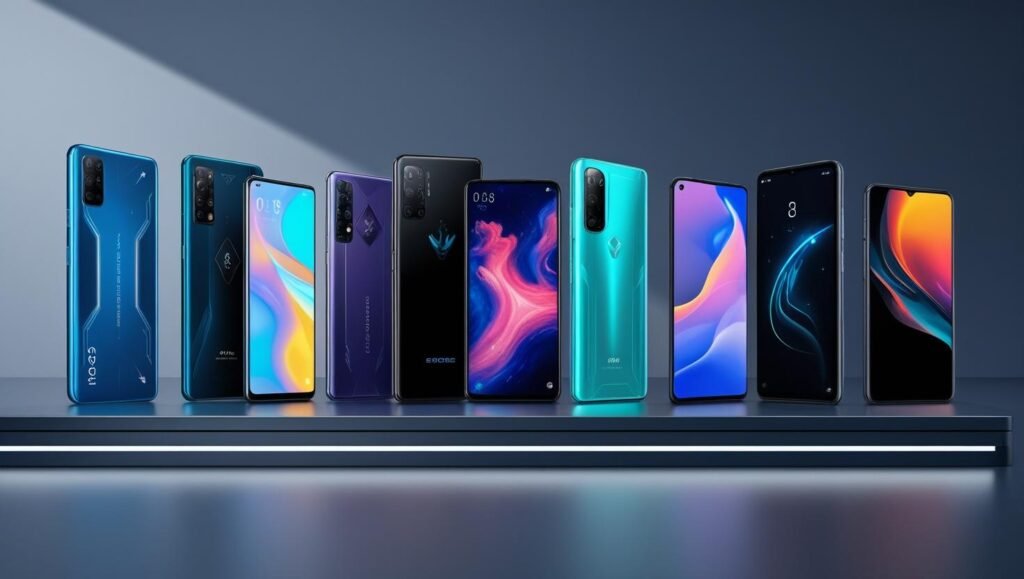 Four futuristic gaming smartphones with RGB designs and neon lights under a “Top 10 Best Gaming Smartphones 2025” banner.