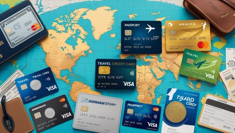 A stylish traveler holding a sleek credit card at an airport lounge, with a suitcase nearby and a large window revealing airplanes and a bright sky outside.