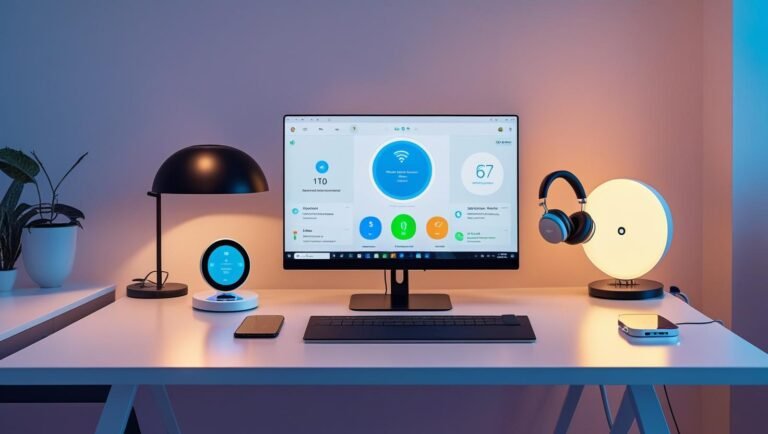 A stylish, futuristic home office setup featuring a sleek smart desk, ergonomic chair, wireless charging pad, smart speaker, and ambient lighting, creating a high-tech and productive workspace.