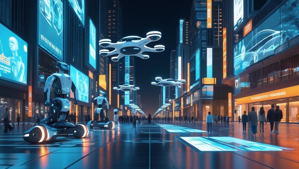 Illustration of emerging technologies in 2025, including AI, robotics, green energy, and virtual reality, showing futuristic innovation and global impact.