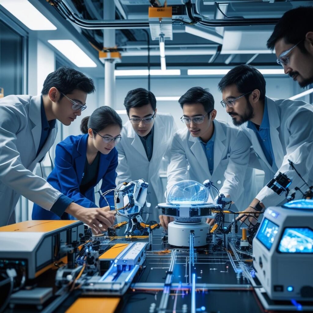 Futuristic illustration showing AI, robots, green energy, and virtual reality representing emerging technology trends in 2025.