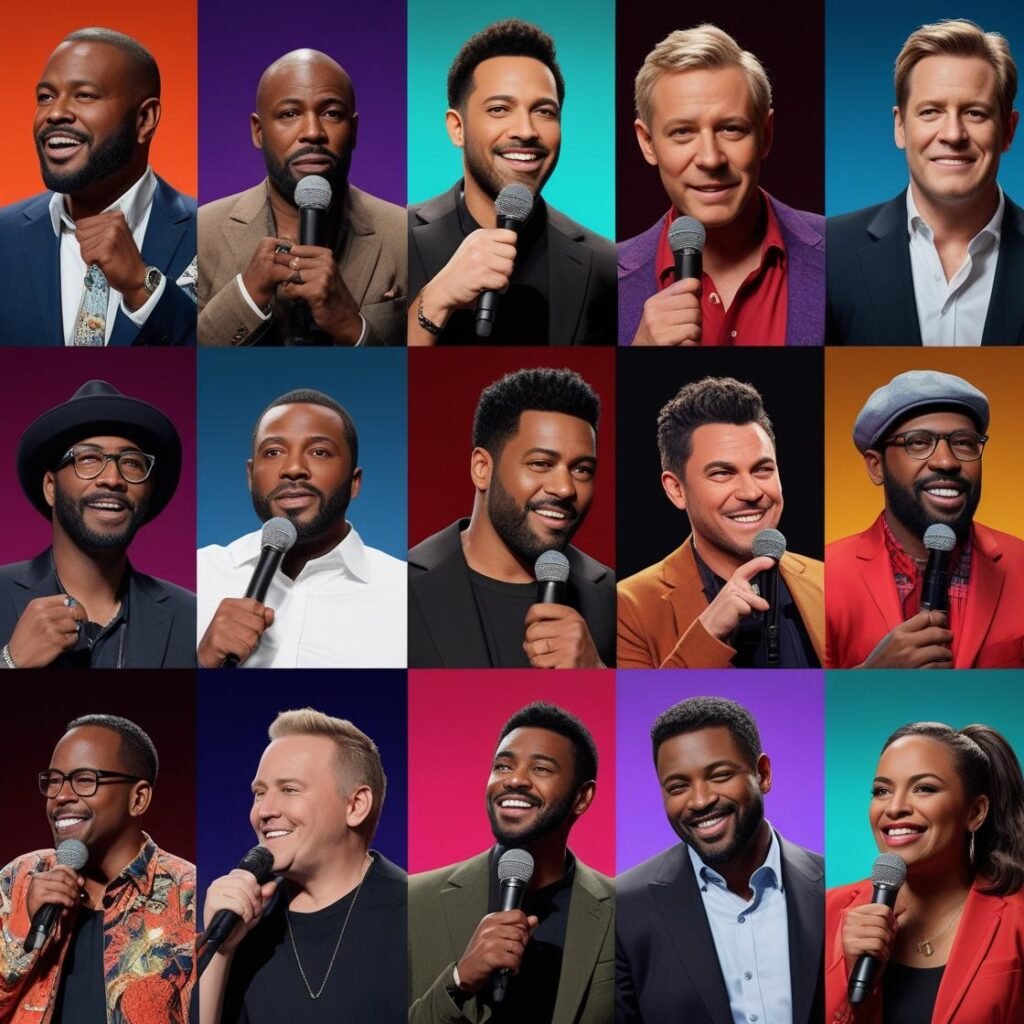 Stand-up comedian performing live on stage with spotlight and laughing audience