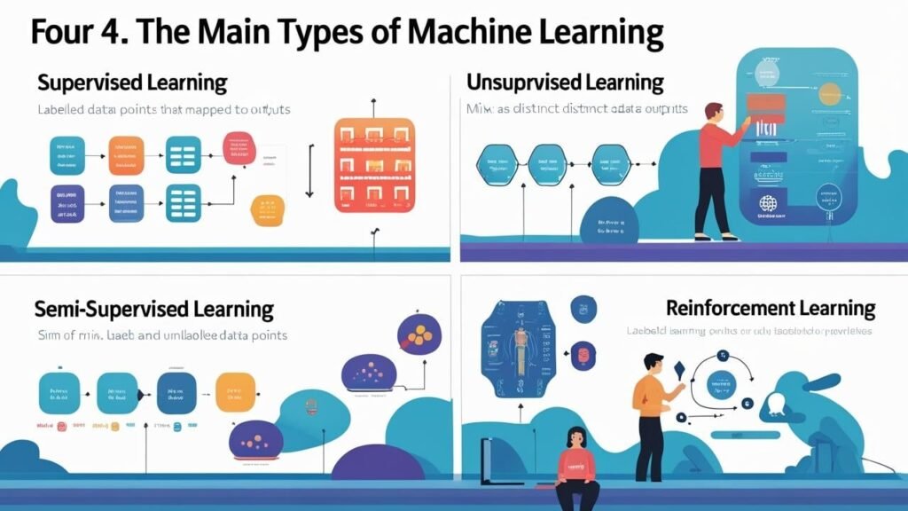 Types of Machine Learning Explained: Supervised, Unsupervised, Semi-Supervised, and Reinforcement Learning Different types of machine learning including supervised, unsupervised, semi-supervised, and reinforcement learning