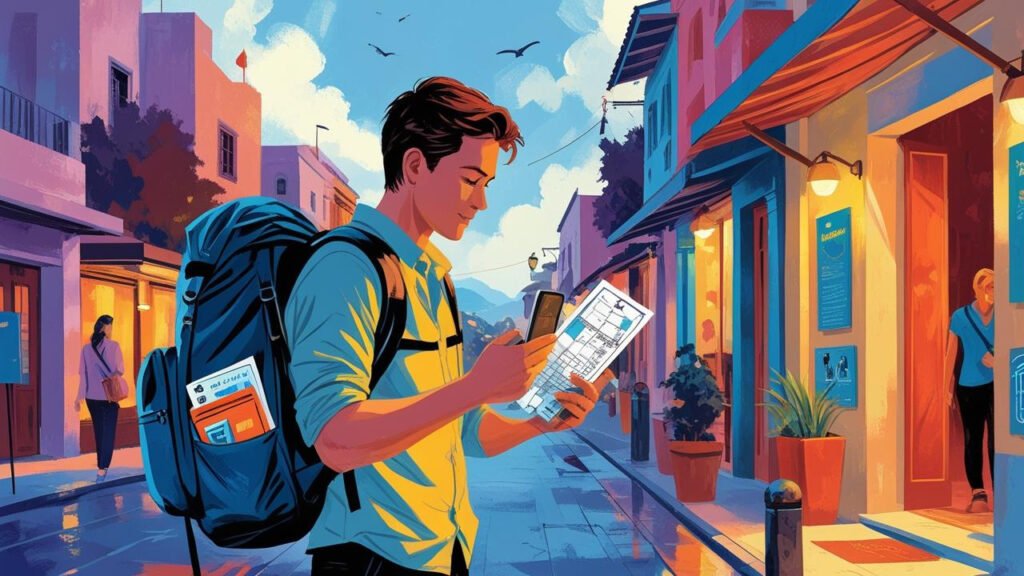 Traveler with backpack checking a map in a city street, staying alert and aware of surroundings to stay safe on a budget trip.