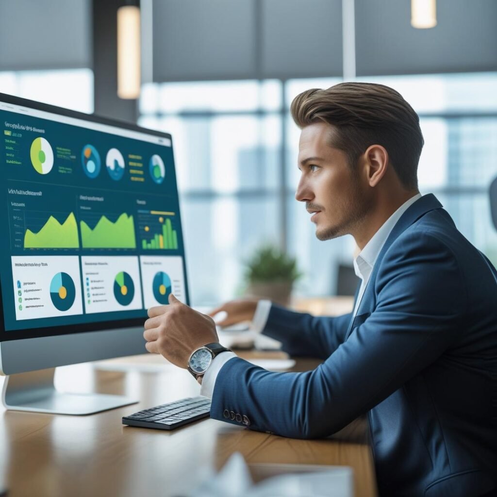 Professionals reviewing data dashboards on digital displays, illustrating key applications of Management Information Systems.