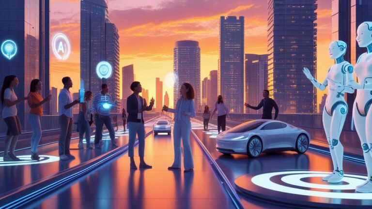 Futuristic smart home interior with AI-powered devices, holographic interfaces, and a person interacting with a virtual assistant.