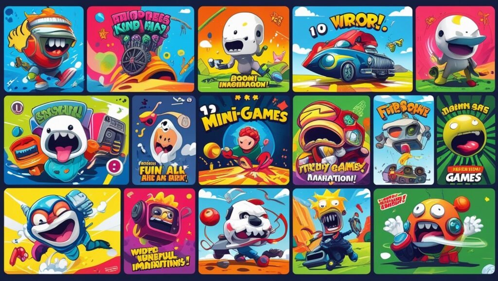 Colorful collage of fun and crazy online games characters in action