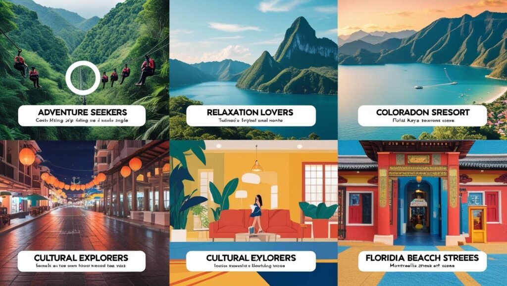 Top Travel Destinations by Travel Style Collage of top travel destinations by type: adventure, beach, cultural, family, and solo travel.