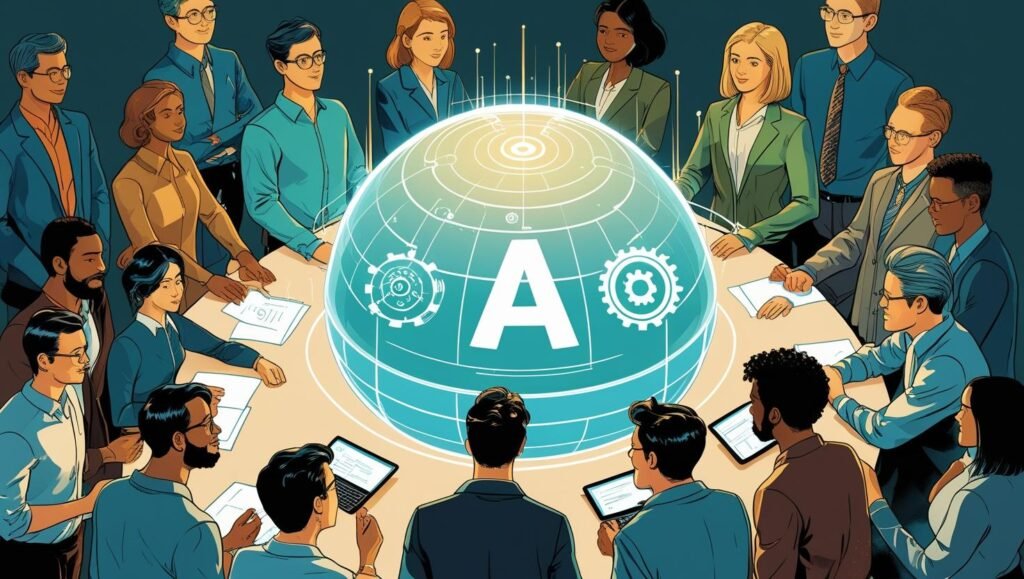 Illustration of a human hand gently touching a robotic hand, symbolizing the ethical balance between artificial intelligence and humanity