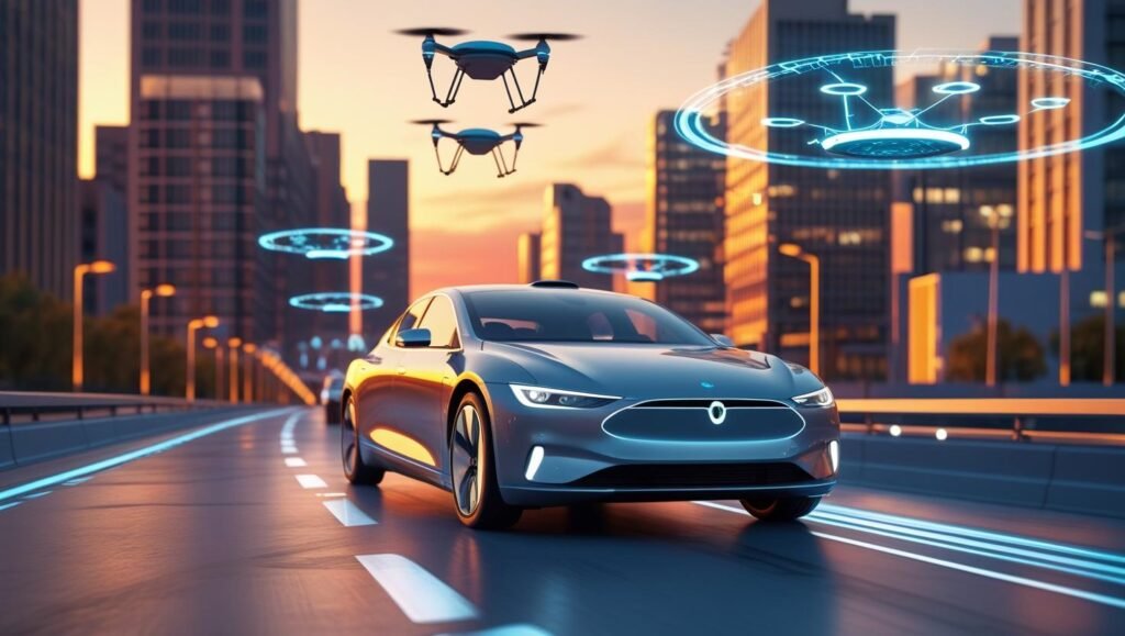 Self-driving car on a city street with futuristic AI interface graphics, symbolizing advanced transportation technology.