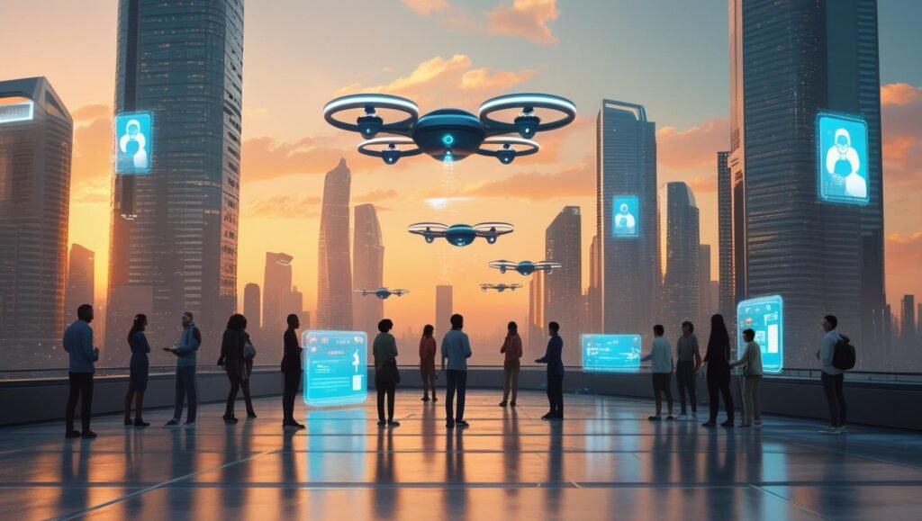 A futuristic cityscape with AI-powered robots, self-driving cars, and smart buildings representing the future of artificial intelligence and everyday life.