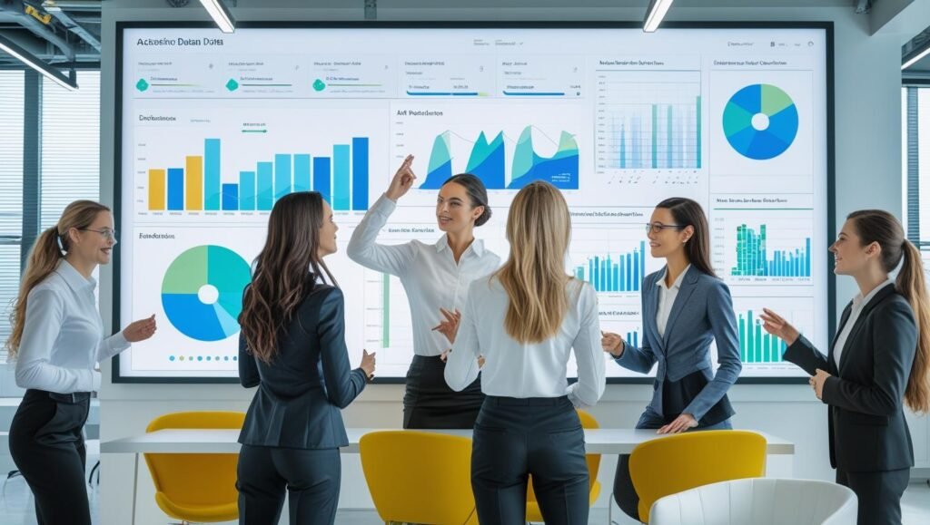 Business professionals analyzing data dashboards on multiple screens, representing modern Management Information Systems (MIS) in use.