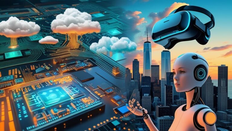 Collage of modern computer science applications including AI, robotics, cloud computing, and VR over a U.S. skyline