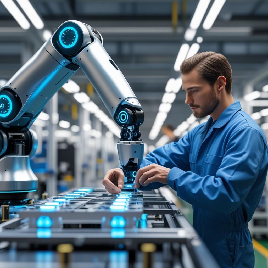 AI robotic arm collaborating with a human engineer in a smart manufacturing plant.