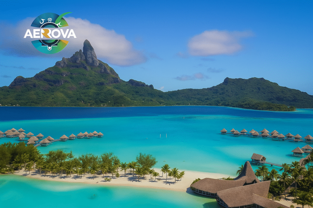 Overwater bungalows and turquoise lagoon in Bora Bora