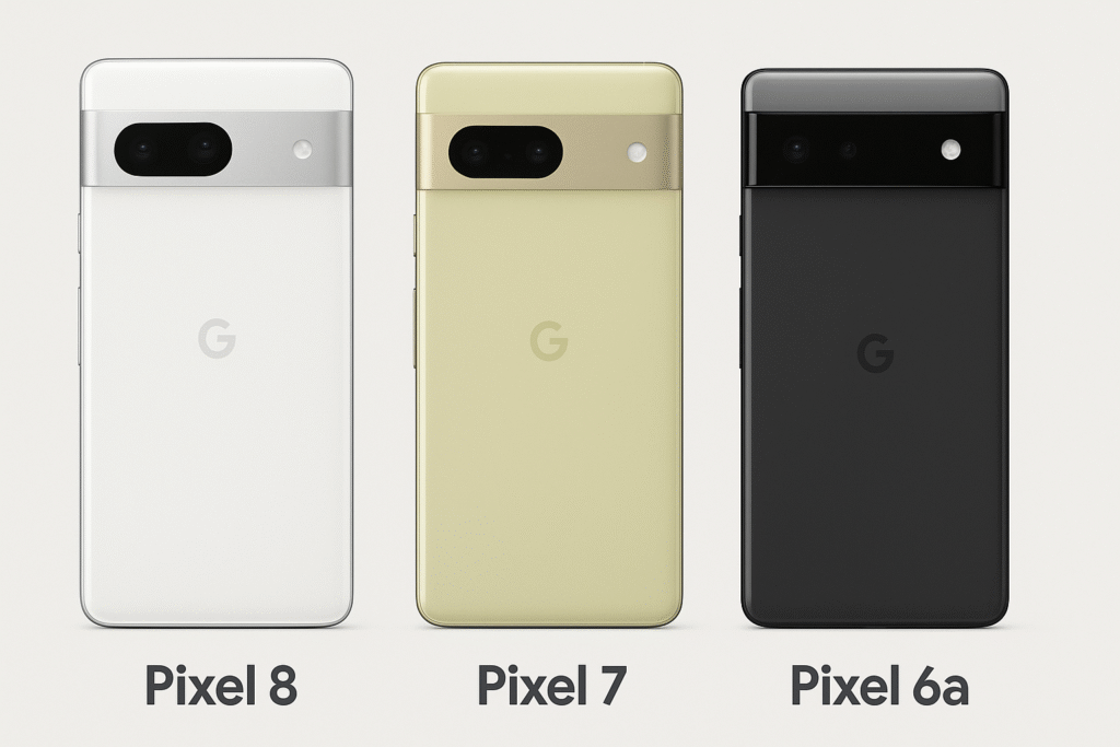 Google Pixel 8 vs Pixel 7 vs Pixel 6a – Back Design Comparison Side-by-side rear view of Google Pixel 8, Pixel 7, and Pixel 6a smartphones in white, green, and black finishes