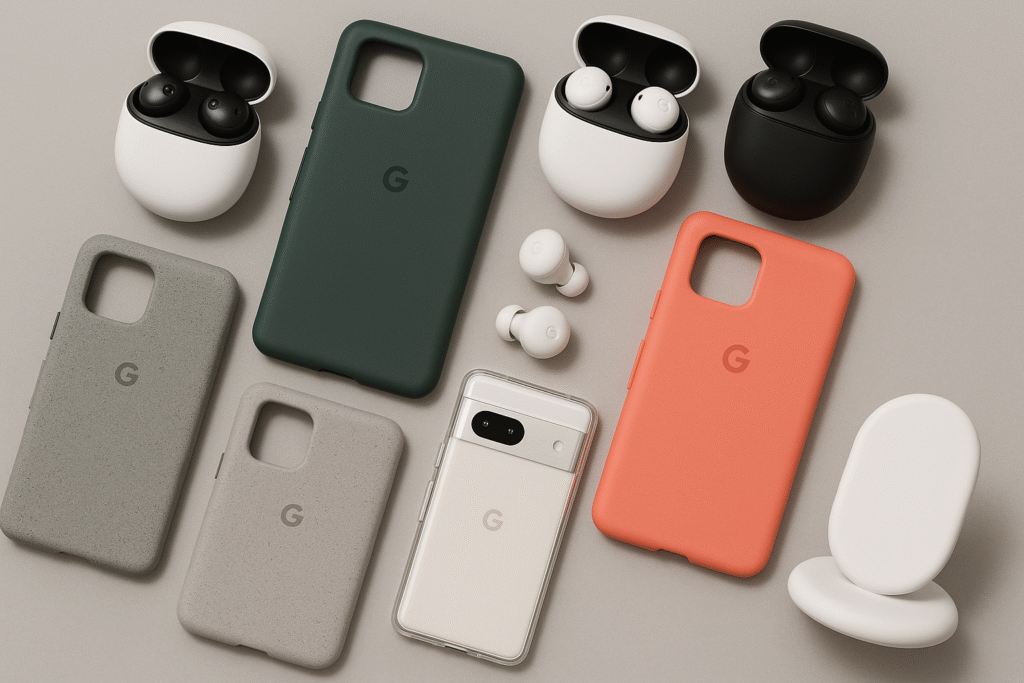 Collage of Pixel Accessories – Pixel Buds Pro, Cases & Stand Collage of Google Pixel accessories including Pixel Buds Pro, various phone cases, and a Pixel Stand arranged neatly on a neutral background.