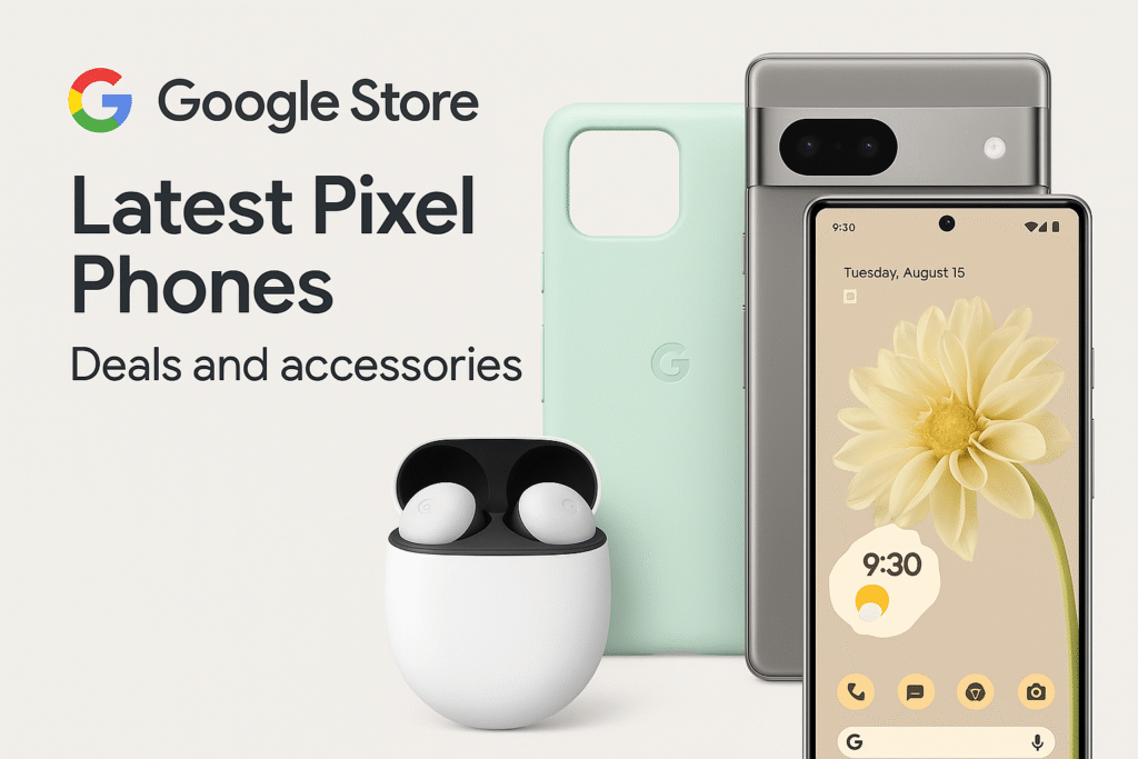 A promotional image featuring Google Pixel smartphones, Pixel Buds, a mint green phone case, and the Pixel Stand, with text promoting the Google Store’s latest phones, deals, and accessories.