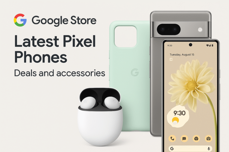 A promotional image featuring Google Pixel smartphones, Pixel Buds, a mint green phone case, and the Pixel Stand, with text promoting the Google Store&rsquo;s latest phones, deals, and accessories.