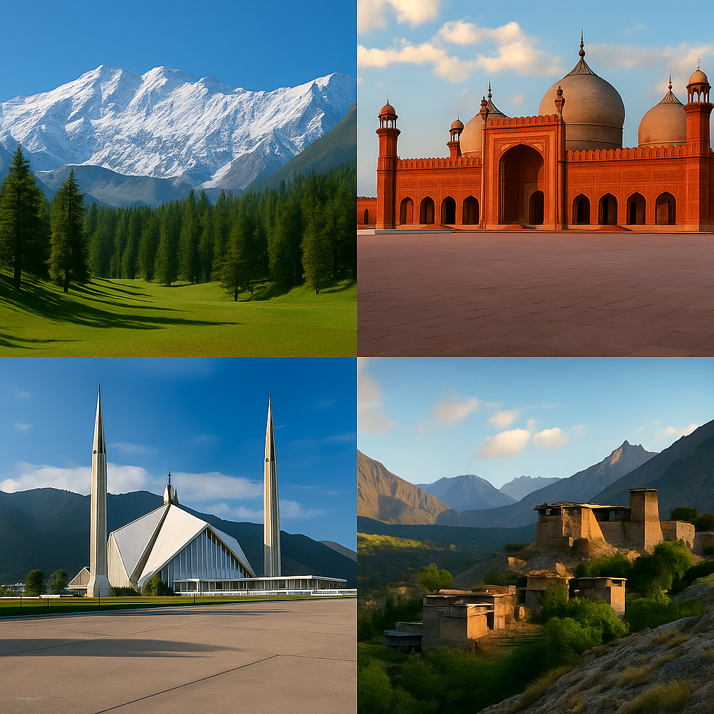 Four scenic views of Pakistan including mountains, mosques, and historical forts.