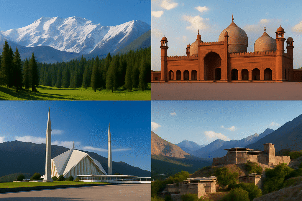 Collage of famous tourist destinations in Pakistan including snow-covered mountains, Badshahi Mosque, Faisal Mosque, and Baltit Fort.