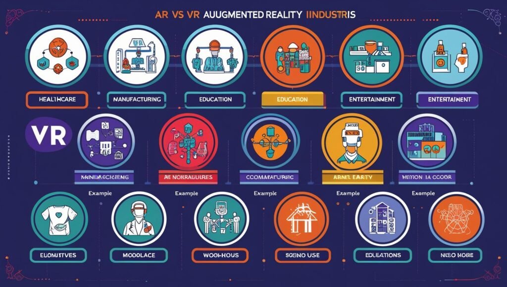 Virtual reality and augmented reality devices in use, showing immersive digital experiences for education and gaming.