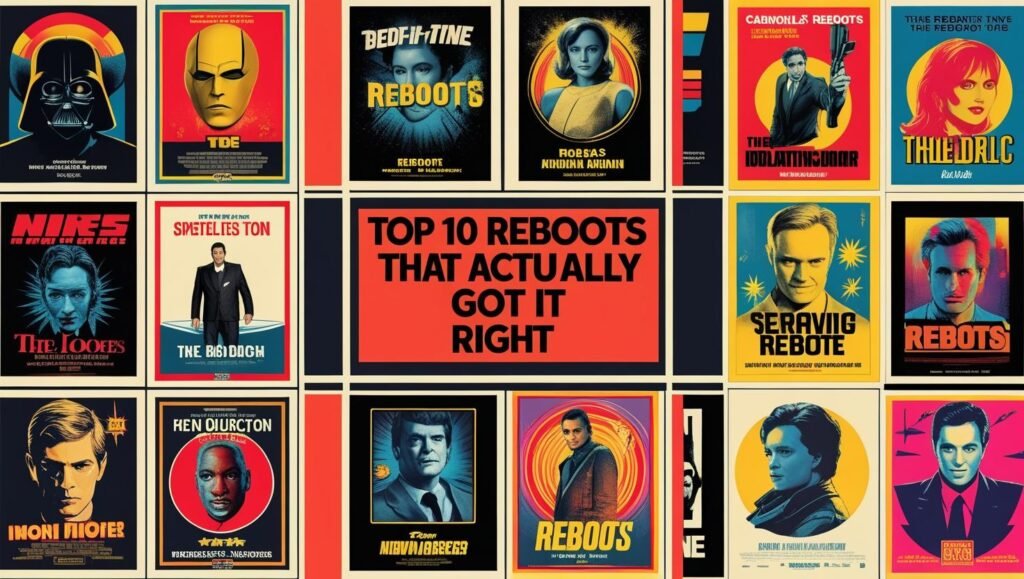 Collage of iconic rebooted characters including Batman, Furiosa from Mad Max, Spider-Man, and the TARDIS from Doctor Who against a retro-modern gradient background.