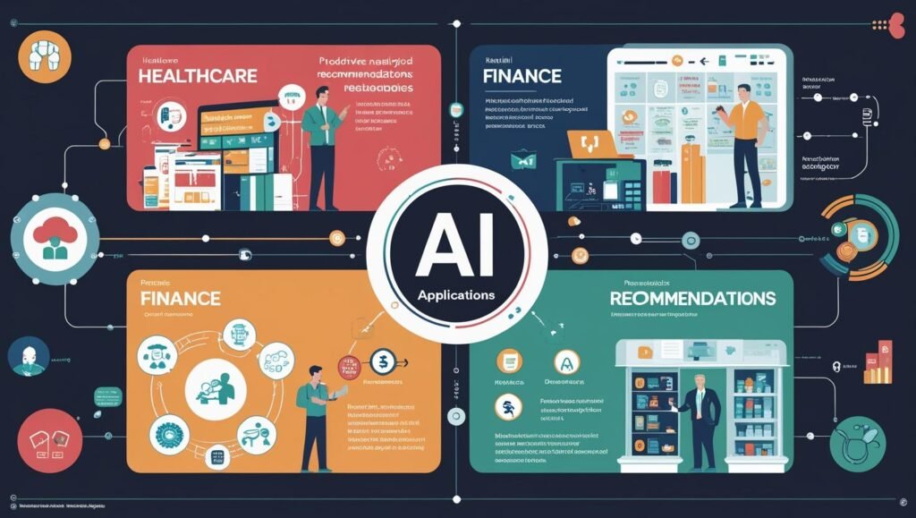 Illustration of artificial intelligence and machine learning applications in healthcare, finance, and retail.