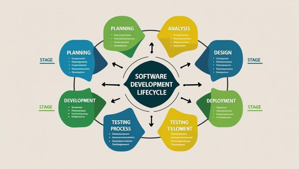 Developers coding software on laptops with code on the screen and digital workflow charts in the background.