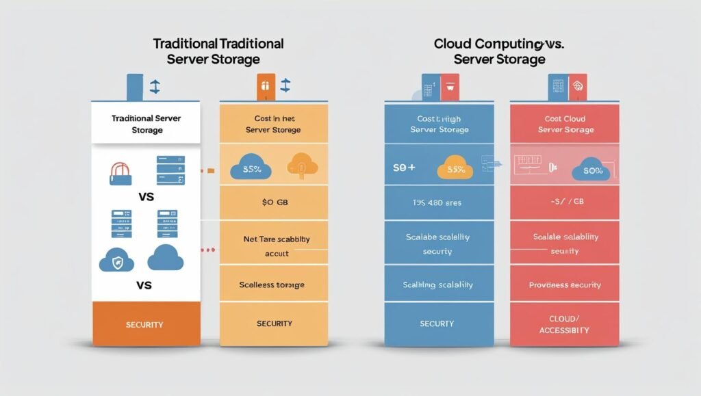 Illustration of cloud computing with servers, data storage, and connected devices in a digital network.