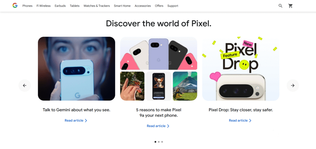 Google Pixel Store – Latest Phones and Accessories Display Google Pixel Store homepage featuring the latest Pixel phones and official accessories