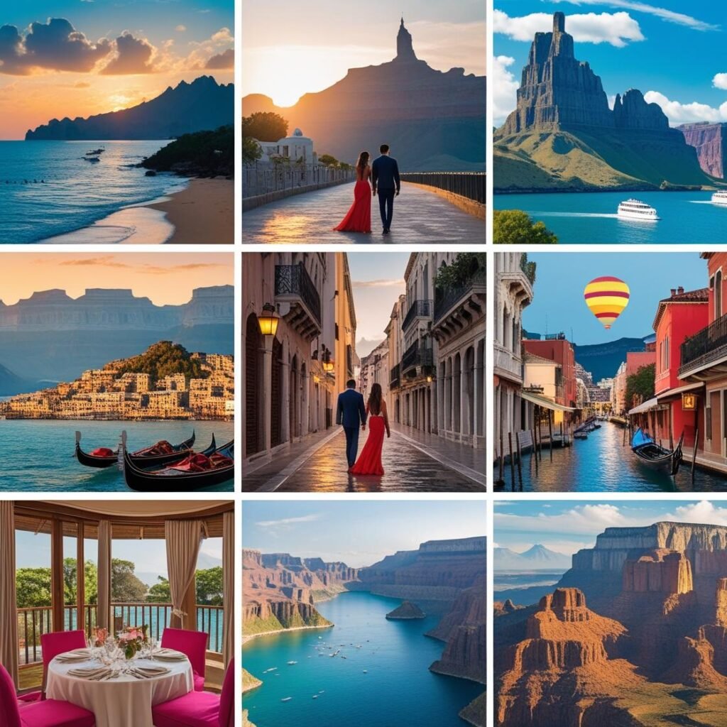 Collage of top honeymoon spots including Paris, Maldives, Santorini, and Bali