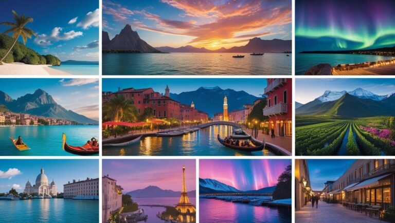 Romantic couple walking on a tropical beach at sunset, symbolizing global honeymoon destinations