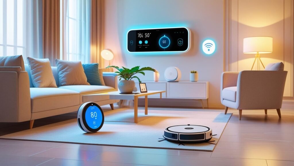 Smart home devices connected via Internet of Things technology, including thermostat, security camera, and lights