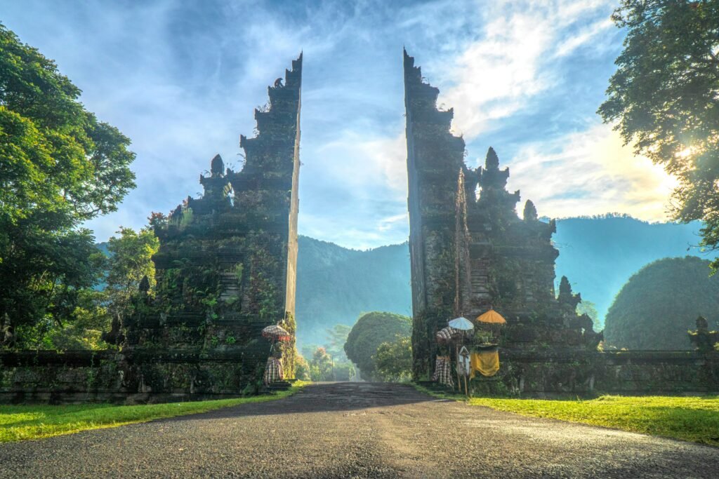 Indonesia – Island Escapes and Cultural Wonders Traditional temple overlooking rice terraces in Bali, Indonesia