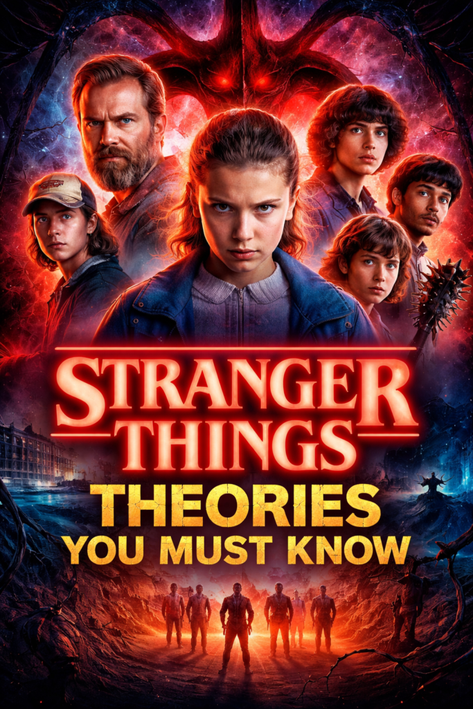 Stranger Things Theories You Must Know featuring Eleven, Mind Flayer, and Hawkins town with mysterious Upside Down elements
