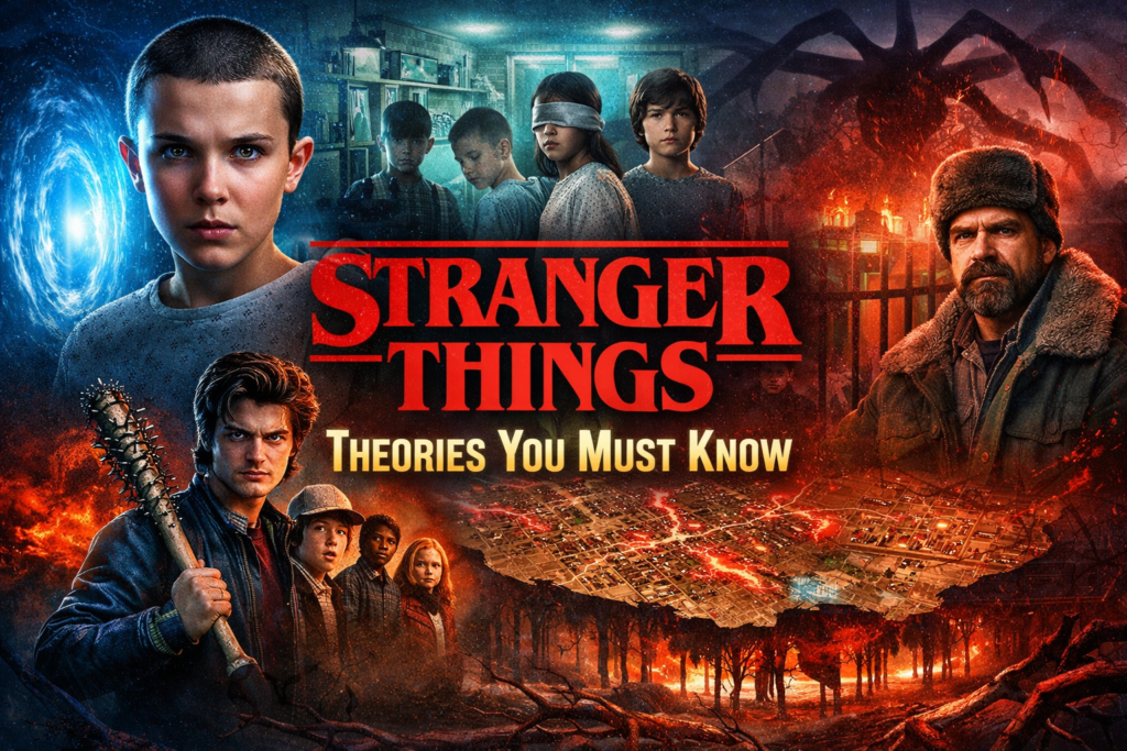Stranger Things fan theory artwork featuring Eleven, Hopper, Steve Harrington, the Mind Flayer, and Hawkins town with the Upside Down in a dark, cinematic landscape.