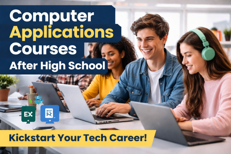 High school graduate learning computer applications on a laptop, studying MS Office, Photoshop, and web development online.